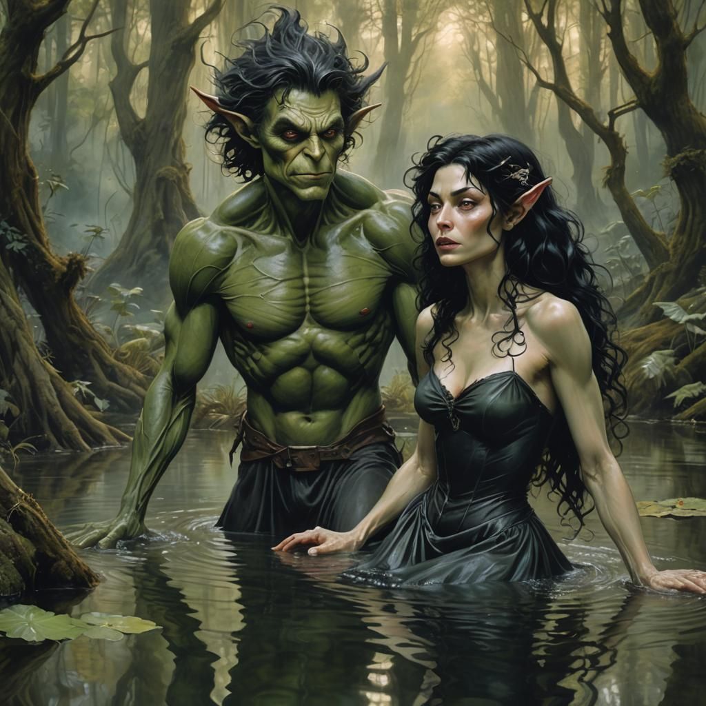 Goblin and Elf in Pond, Fantasy Art