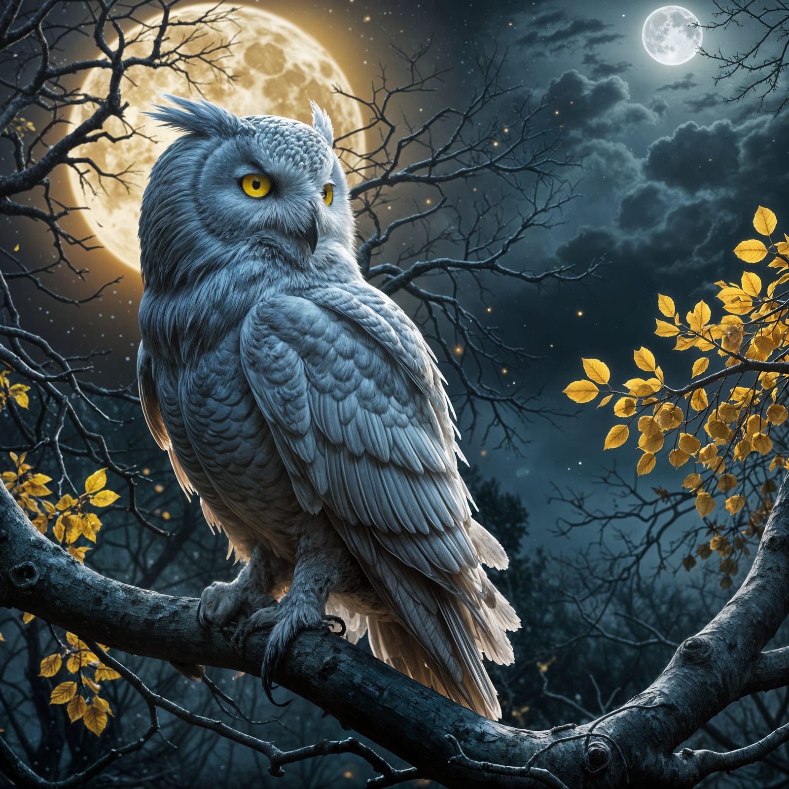 Eerie White Owl Under Full Moon in Matte Painting Style