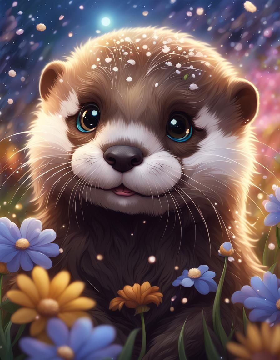 Fluffy Baby Otter Playing in Flower Rain