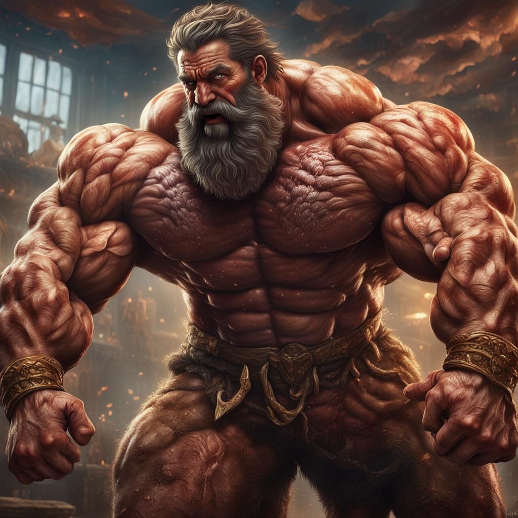 Mediterranean Giant Bodybuilder in Detailed Matte Painting