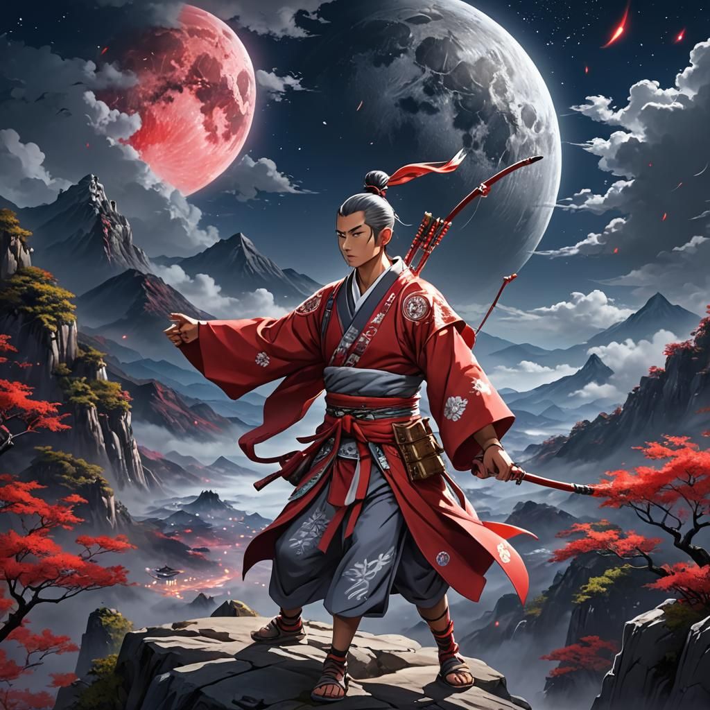 Anime  warrior archer zen monk, wearing a silver and red kim...