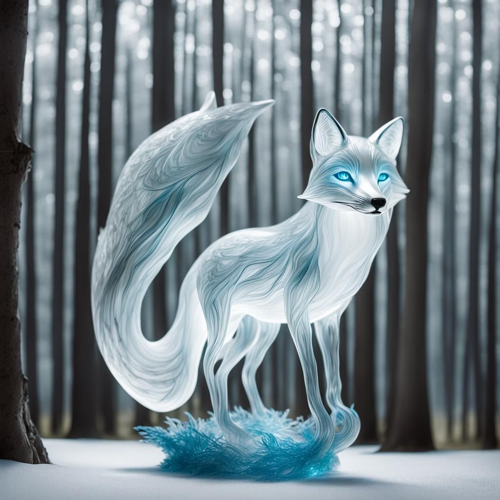Bioluminescent Glass Fox in White Forest