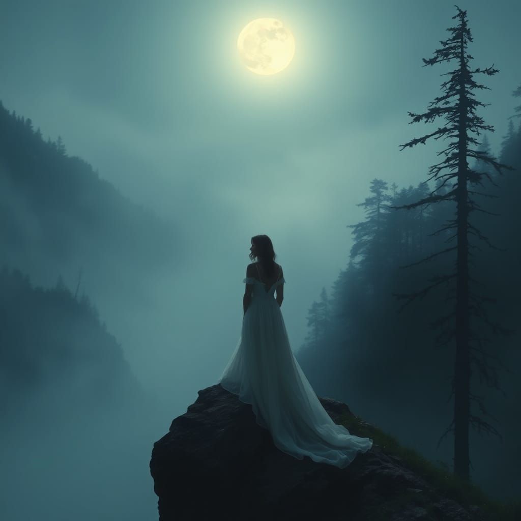 Misty Cliffside Woman in Moonlight, Romantic Style