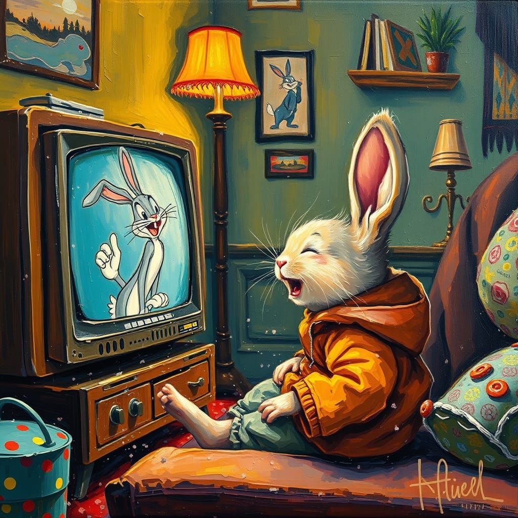 Baby Rabbit Laughing at Bugs Bunny, Neo-Impressionism