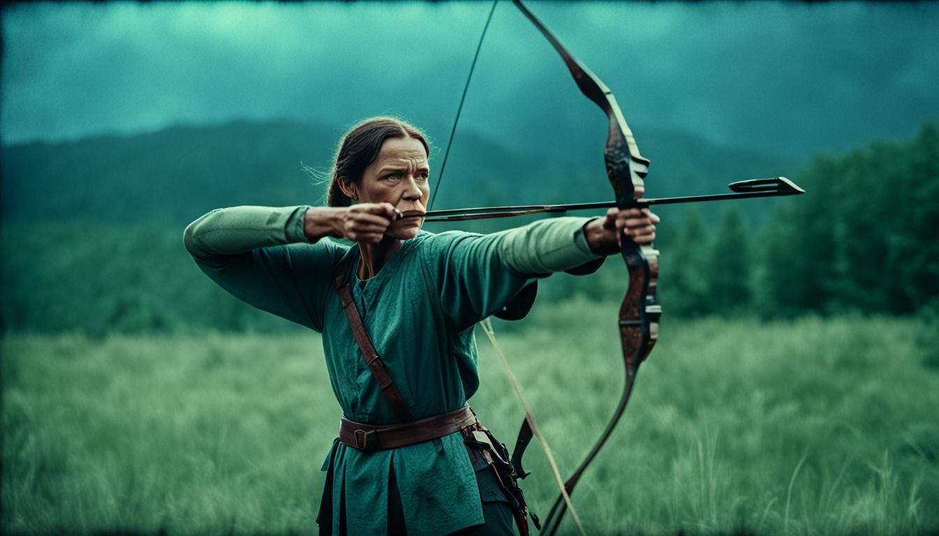 Cinematic Film Still of a Strong Woman Archer