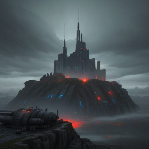 Cyberpunk Fortress Rising from Rocky Outcropping