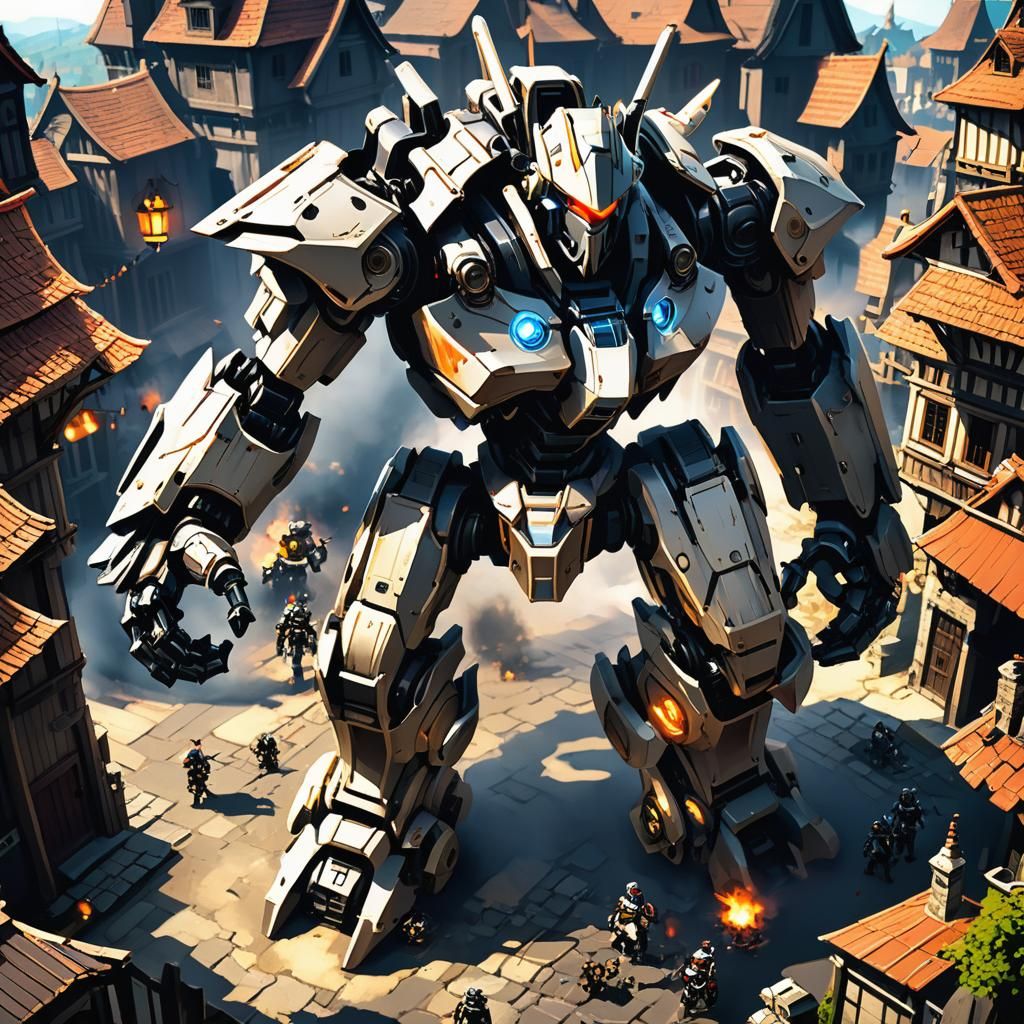 Necromech Attacks Medieval Town in Anime Style