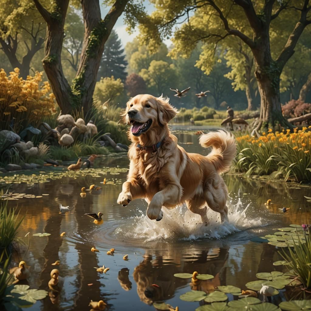 Golden Retriever Runs by Duck Pond: Fantasy Art