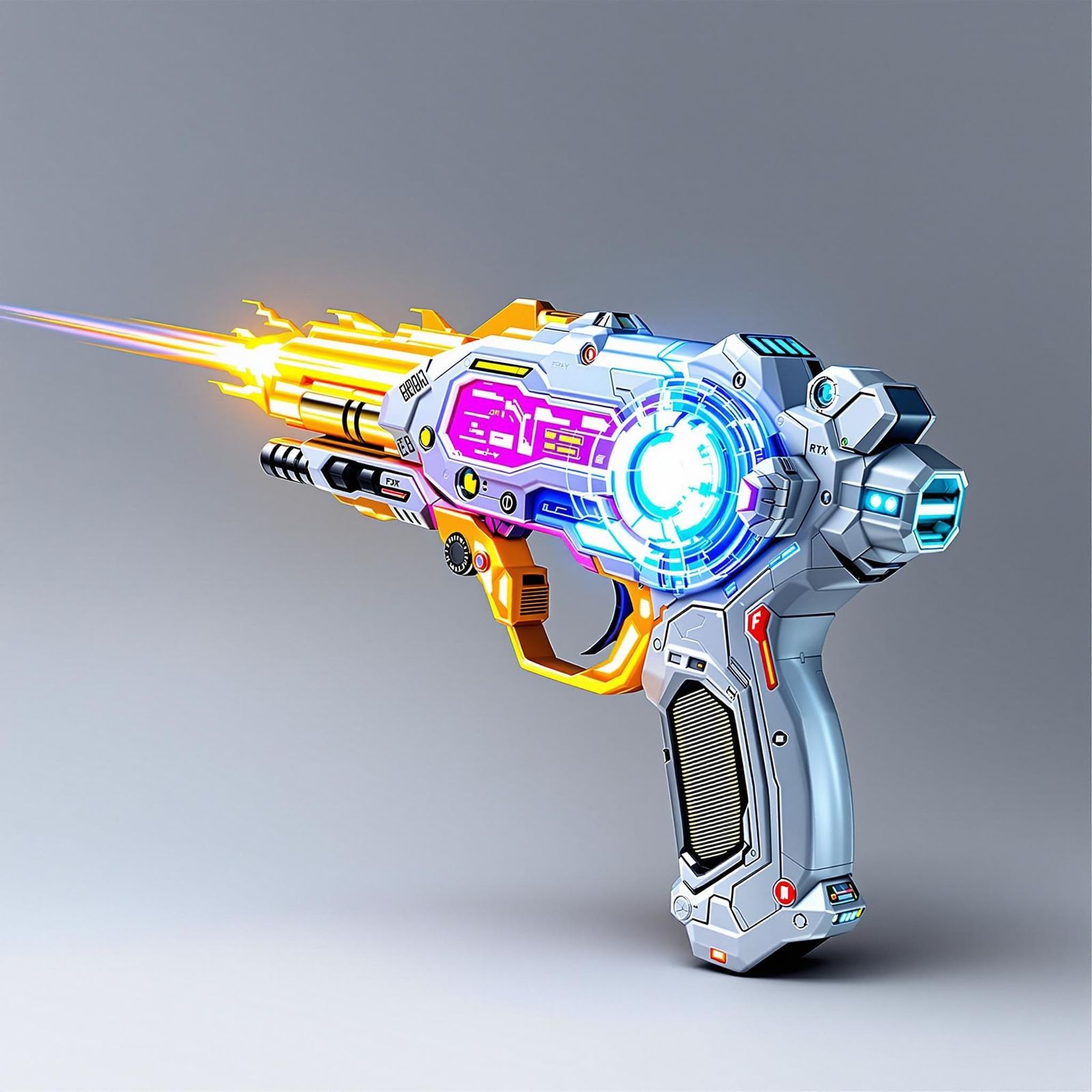 Futuristic Laser Gun Toy in a Dystopian Cityscape