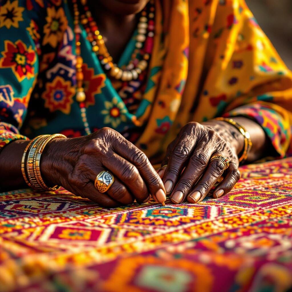Elderly African Woman Skillfully Weaves Vibrant Textile
