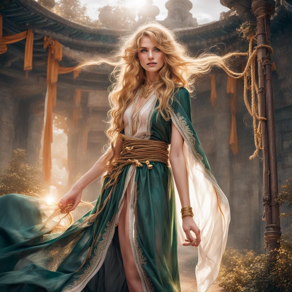 Beautiful Woman with Golden Hair and Emerald Robe