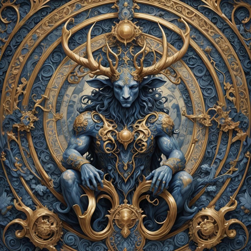 Cernunnos in Delft Blue Art Nouveau Style