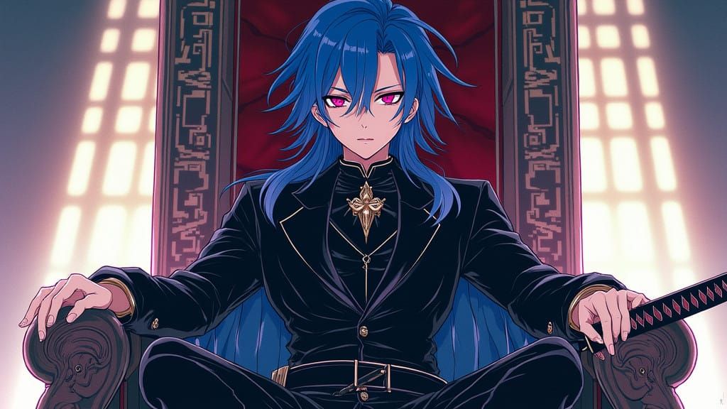 Androgynous Blue-Haired Youth Sits Regally on Throne in Anim...