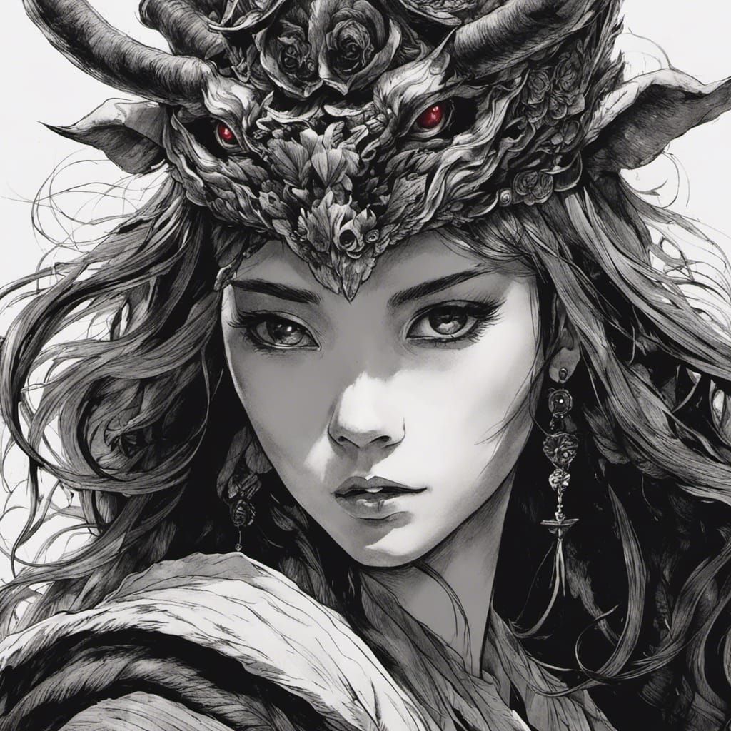 Anime Female Satan in Black and White Ink