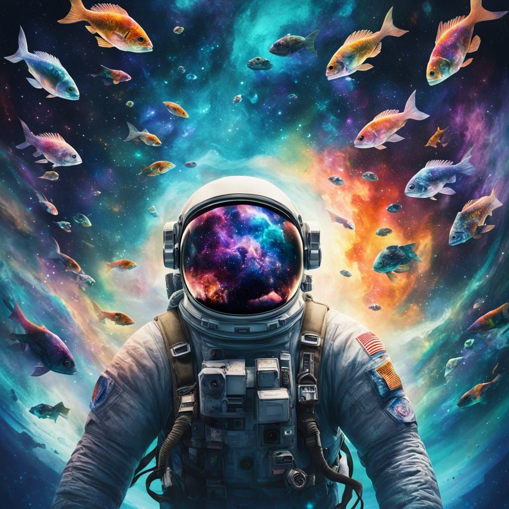 Astronaut Drifting in Cosmic Ocean with Luminous Fish