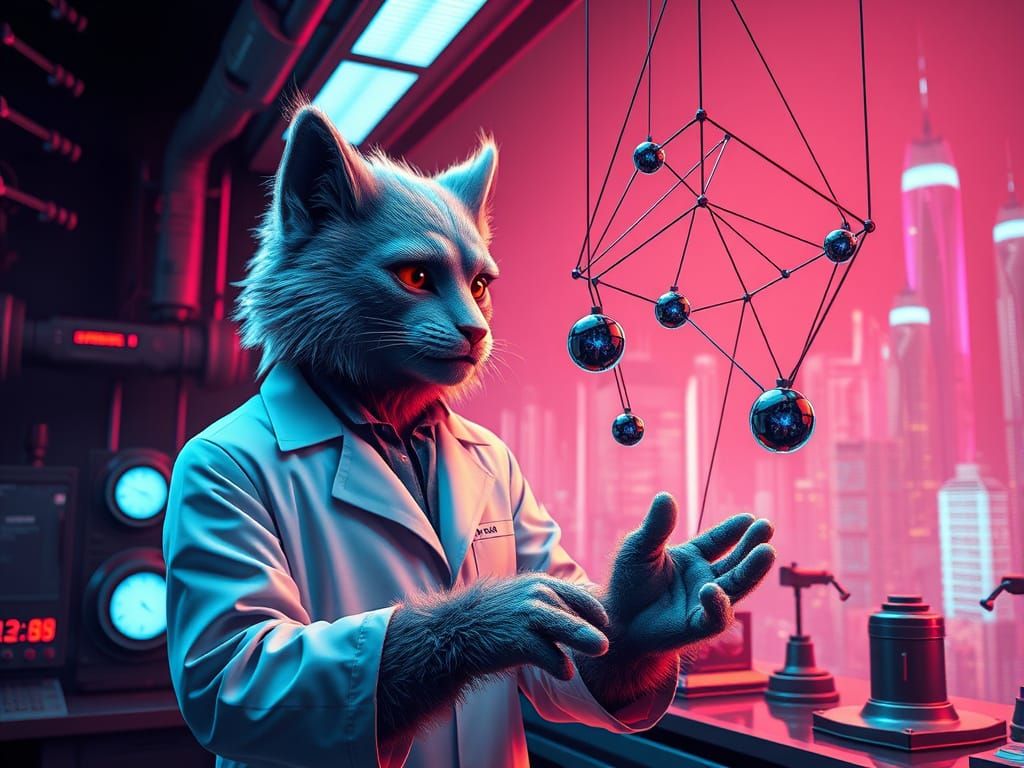 Athletic Male Interacts with Mobile Sculpture in Retrofuturi...