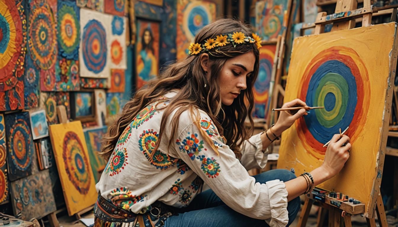 A young hippie lady creating a wall painting a self-portrait...