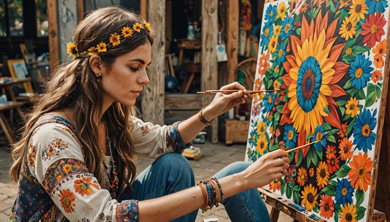 A young hippie lady creating a wall painting a self-portrait...