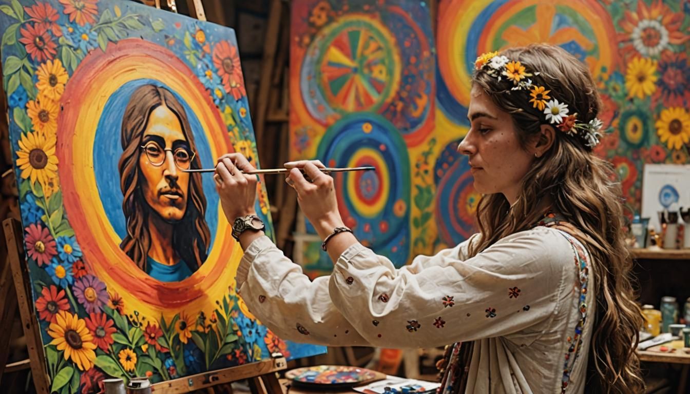 A young hippie lady creating a wall painting a self-portrait...