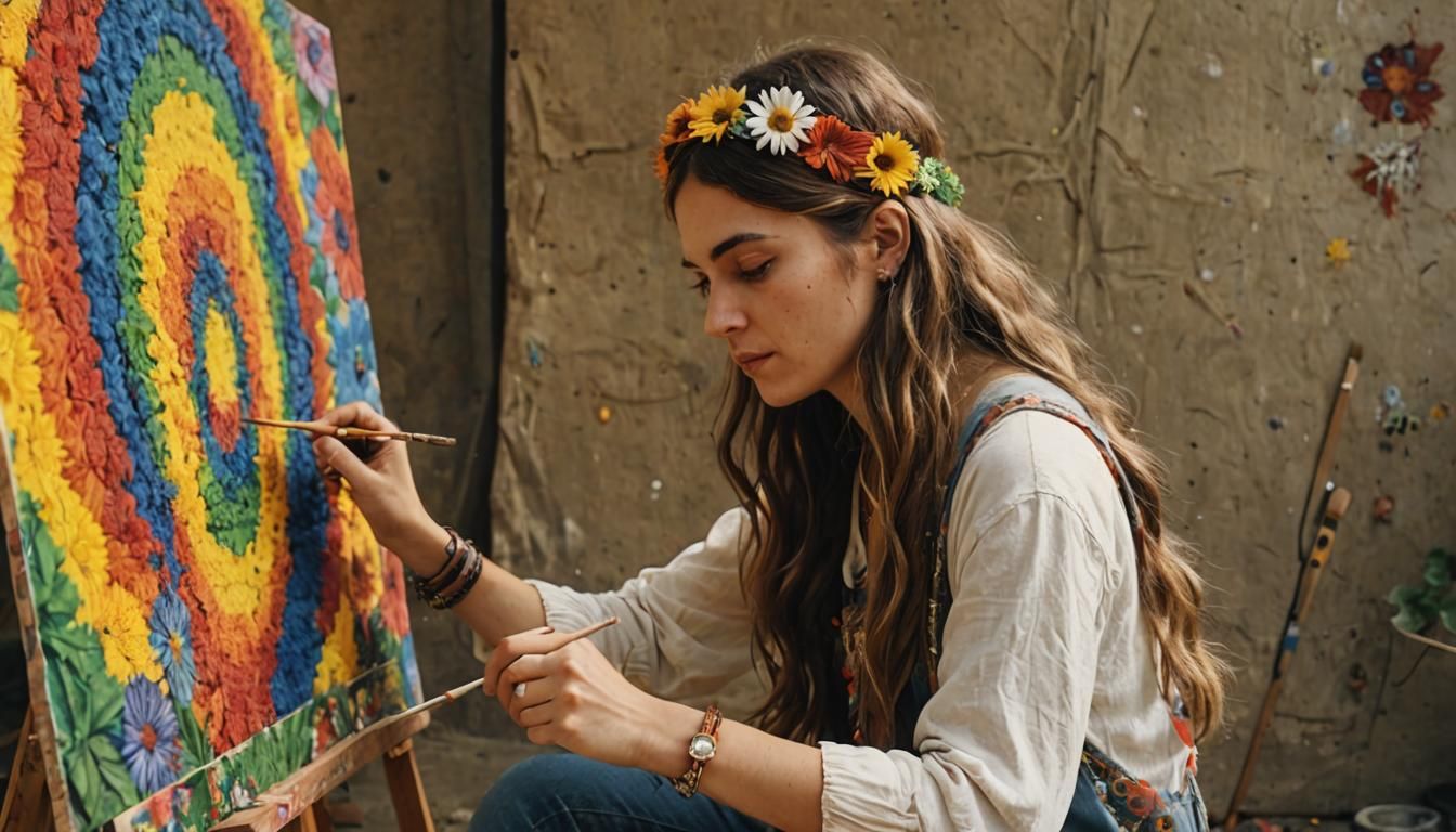 A young hippie lady creating a wall painting a self-portrait...