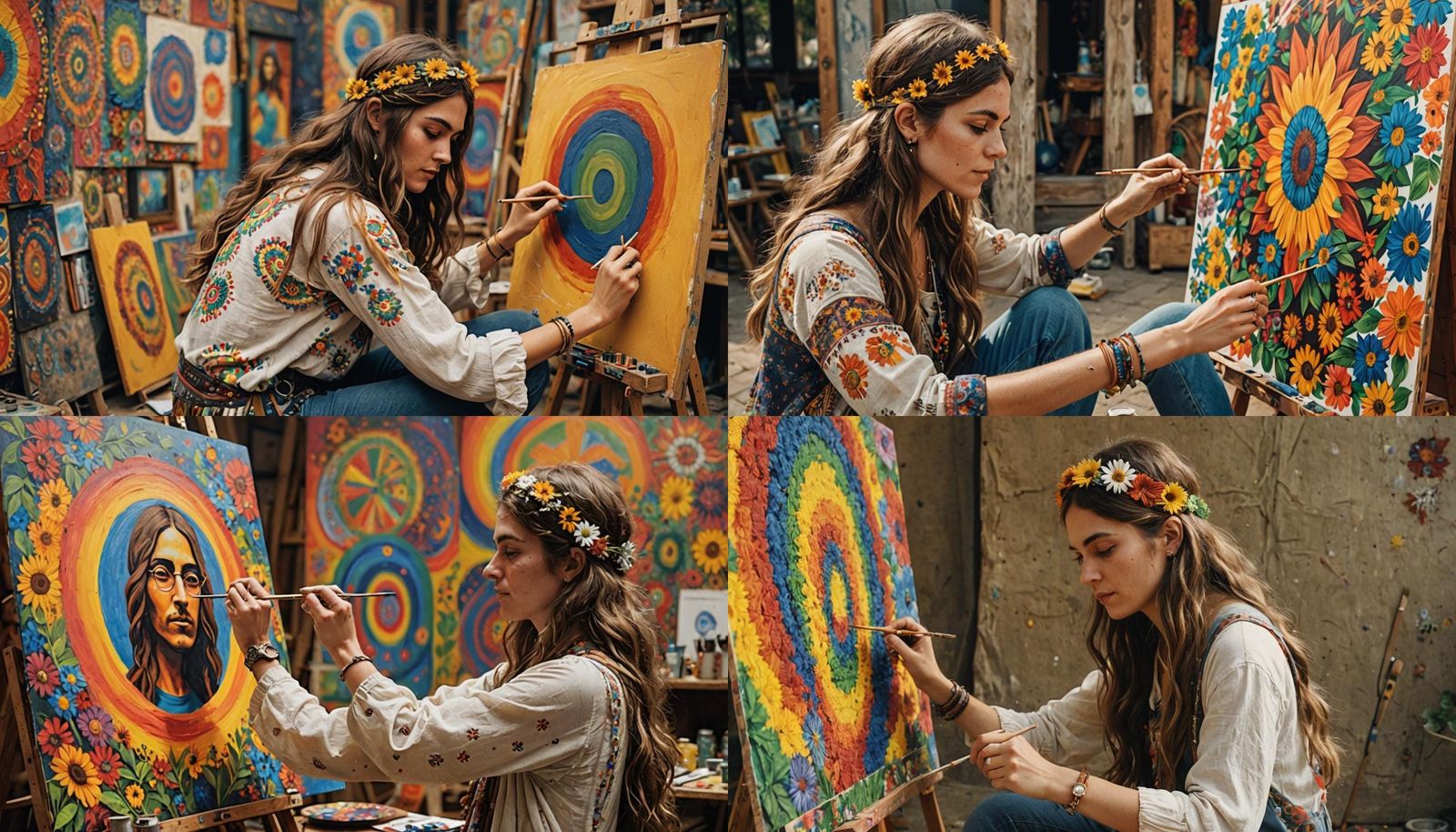 A young hippie lady creating a wall painting a self-portrait...