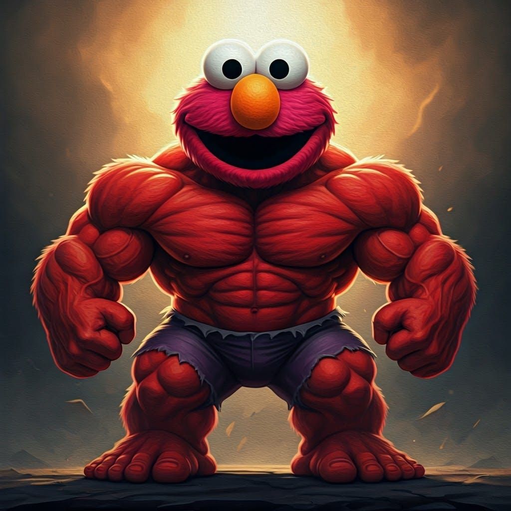 Cyberpunk-Style Red Hulk and Elmo Hybrid in Oils