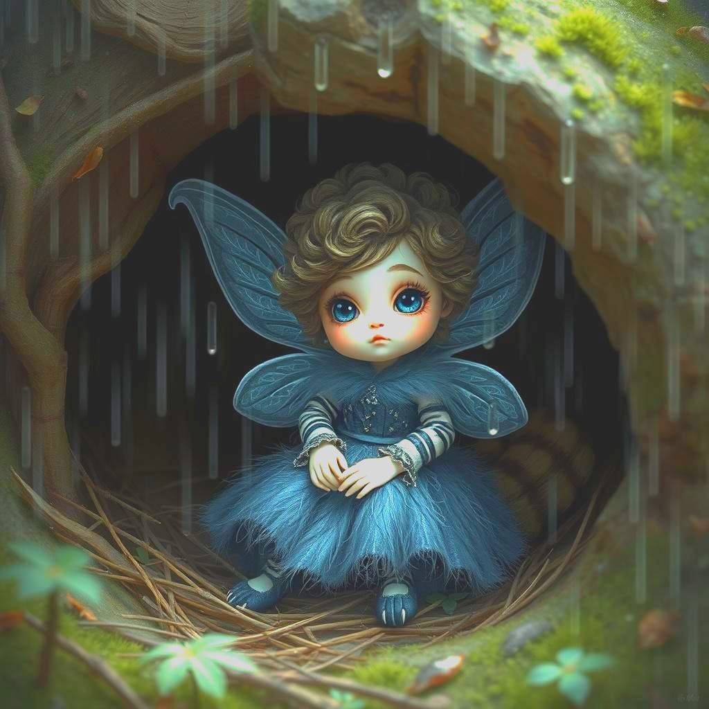 Family of Wolverines Watch Raindrops with Soggy Fairy Guest