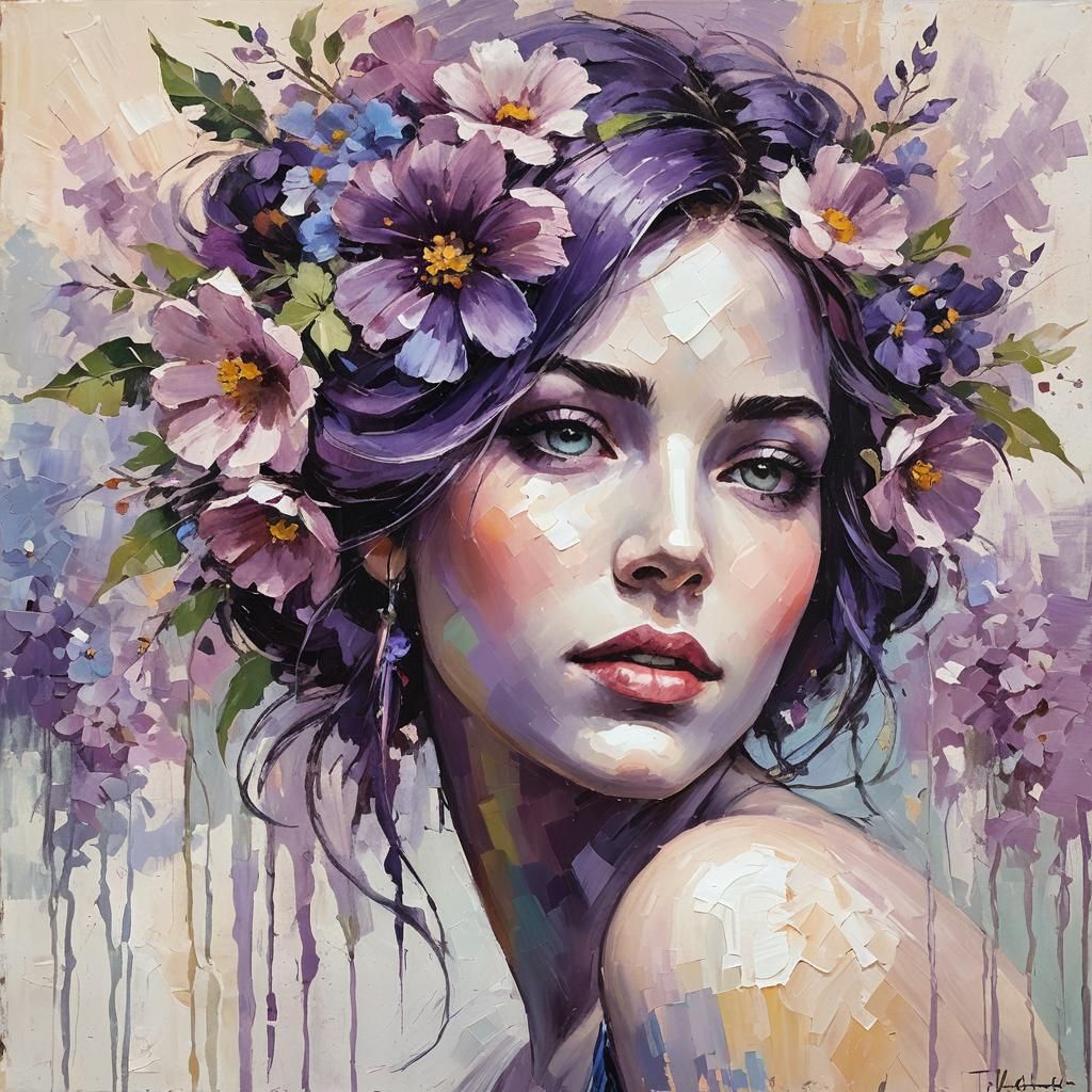 Beautiful Woman in a Vibrant Floral Headdress, Neo-Expressio...