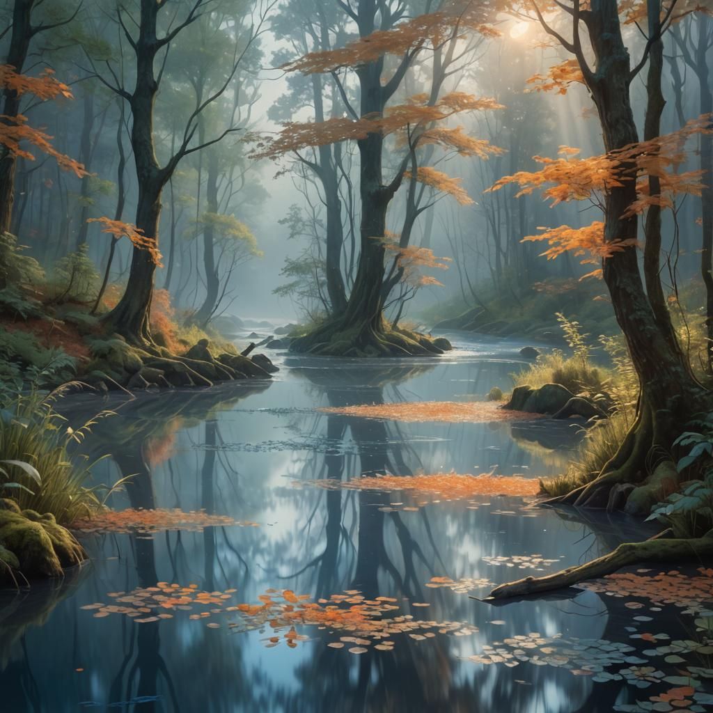 Misty Forest River in Impressionist Style