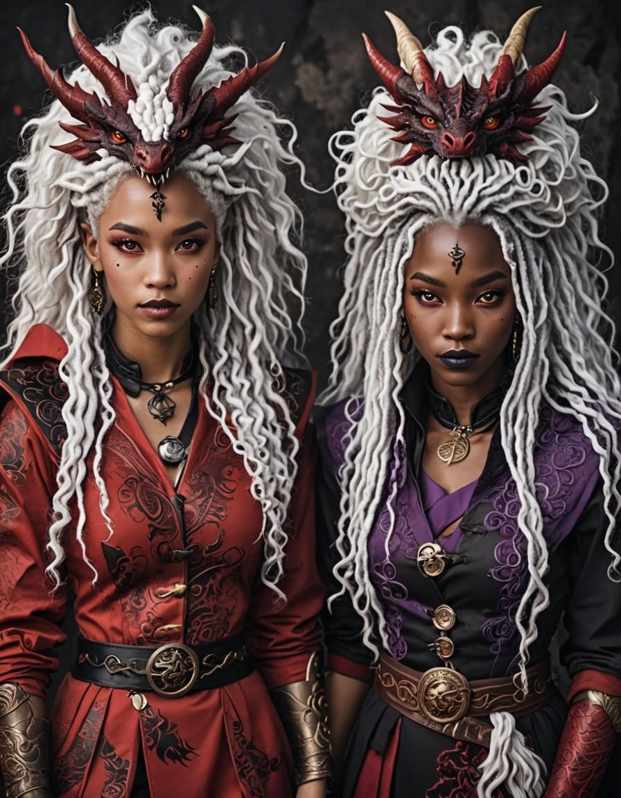 Dragon-Themed Twin Sisters in Red and Black