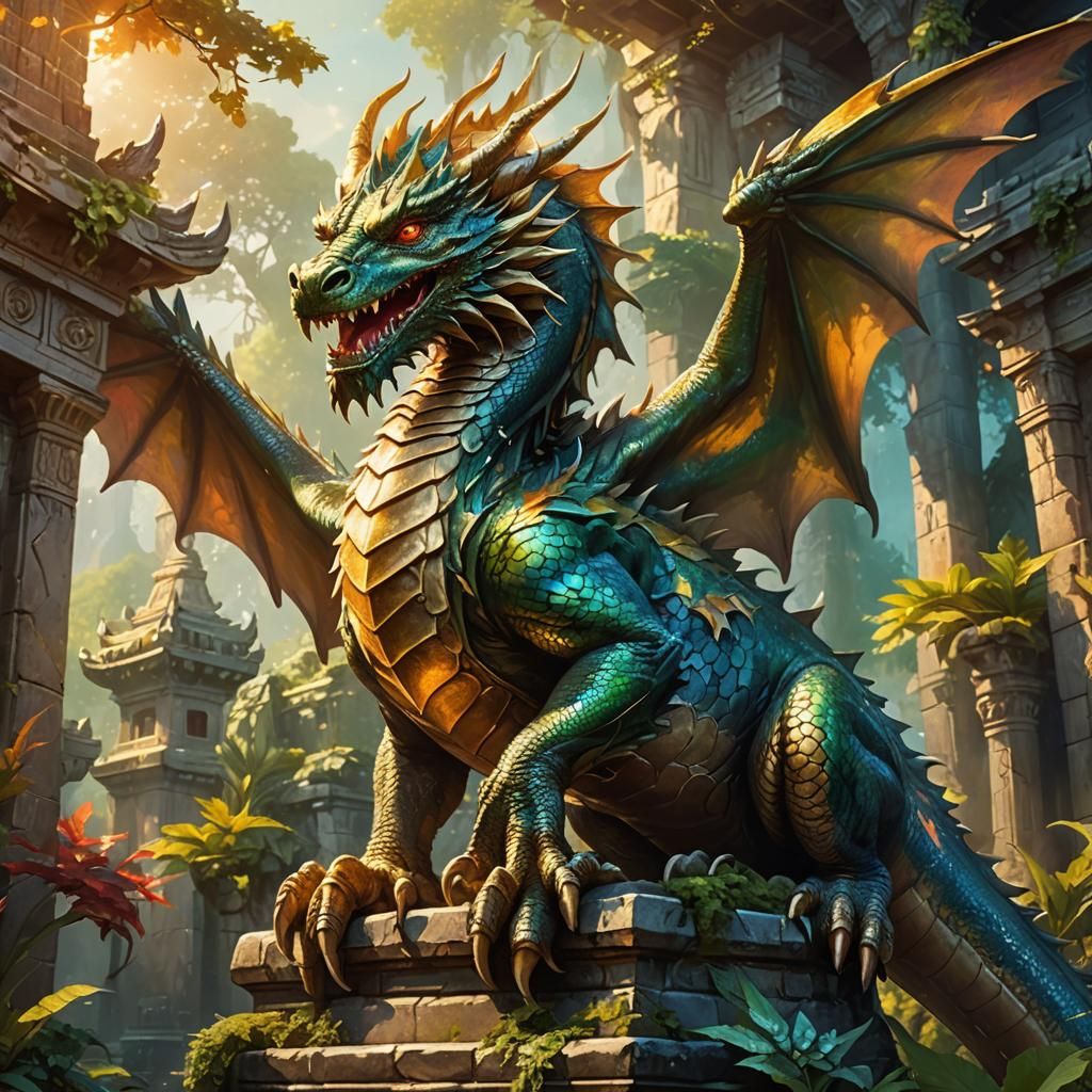 Majestic Dragon Perched Atop Ancient Temple