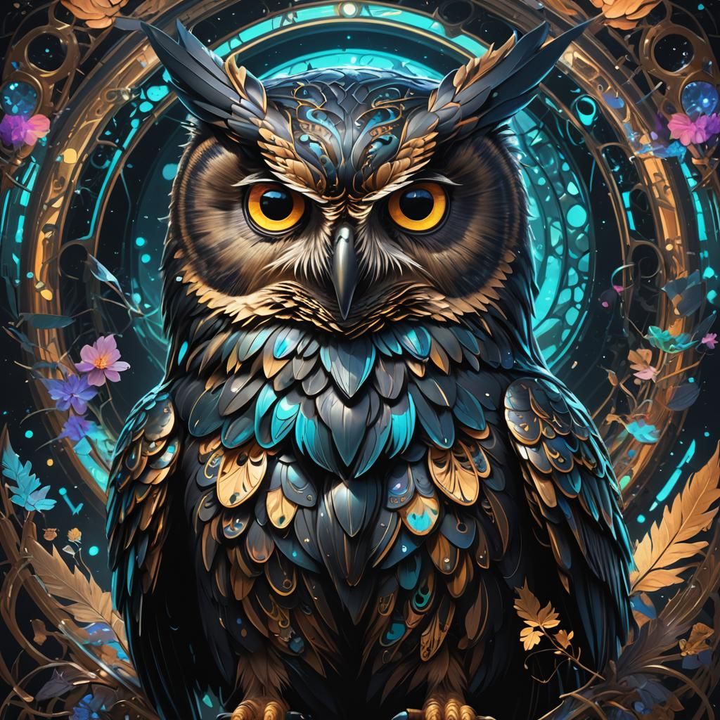 Bioluminescent Psychedelic Owl Portrait in Detailed Lighting