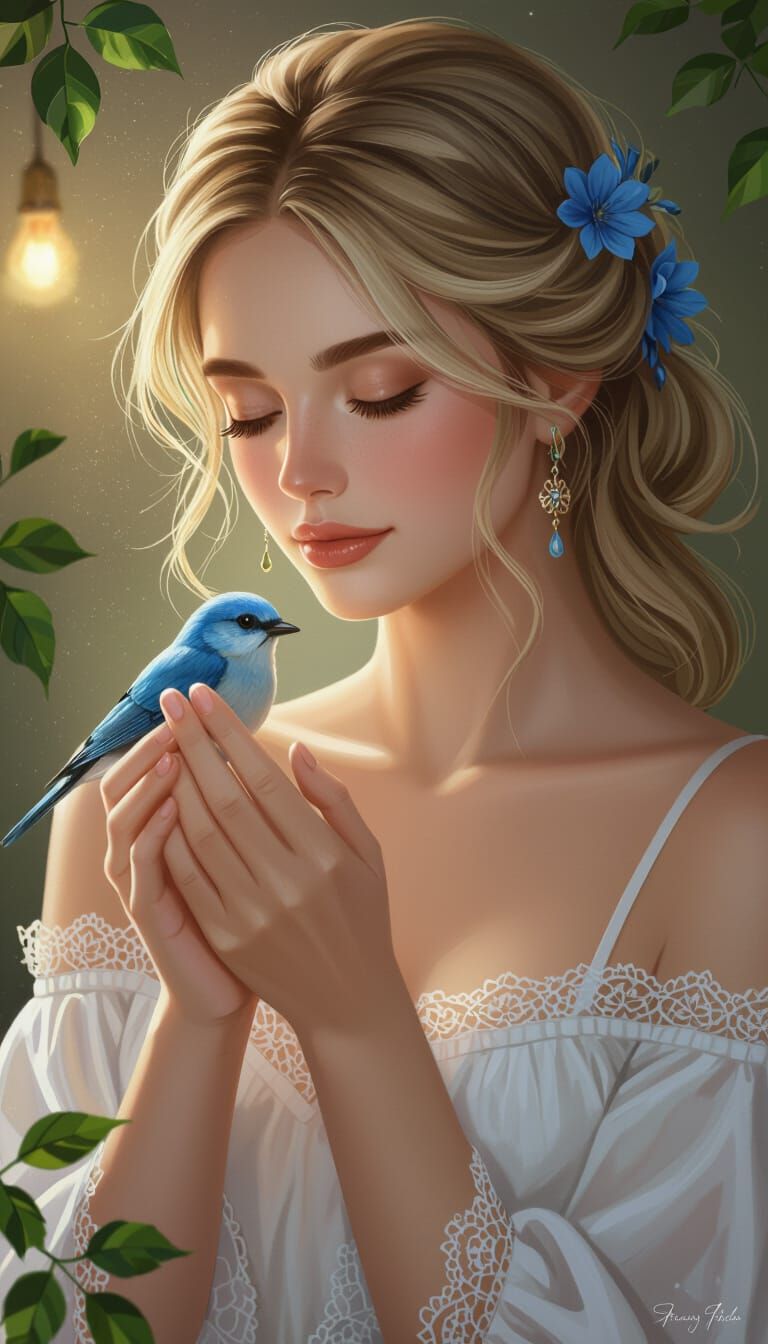 Serene Woman Holding Bird in Romantic Portrait