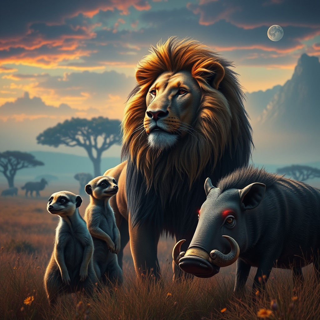Mystical Savannah: Lion, Meerkat, and Warthog