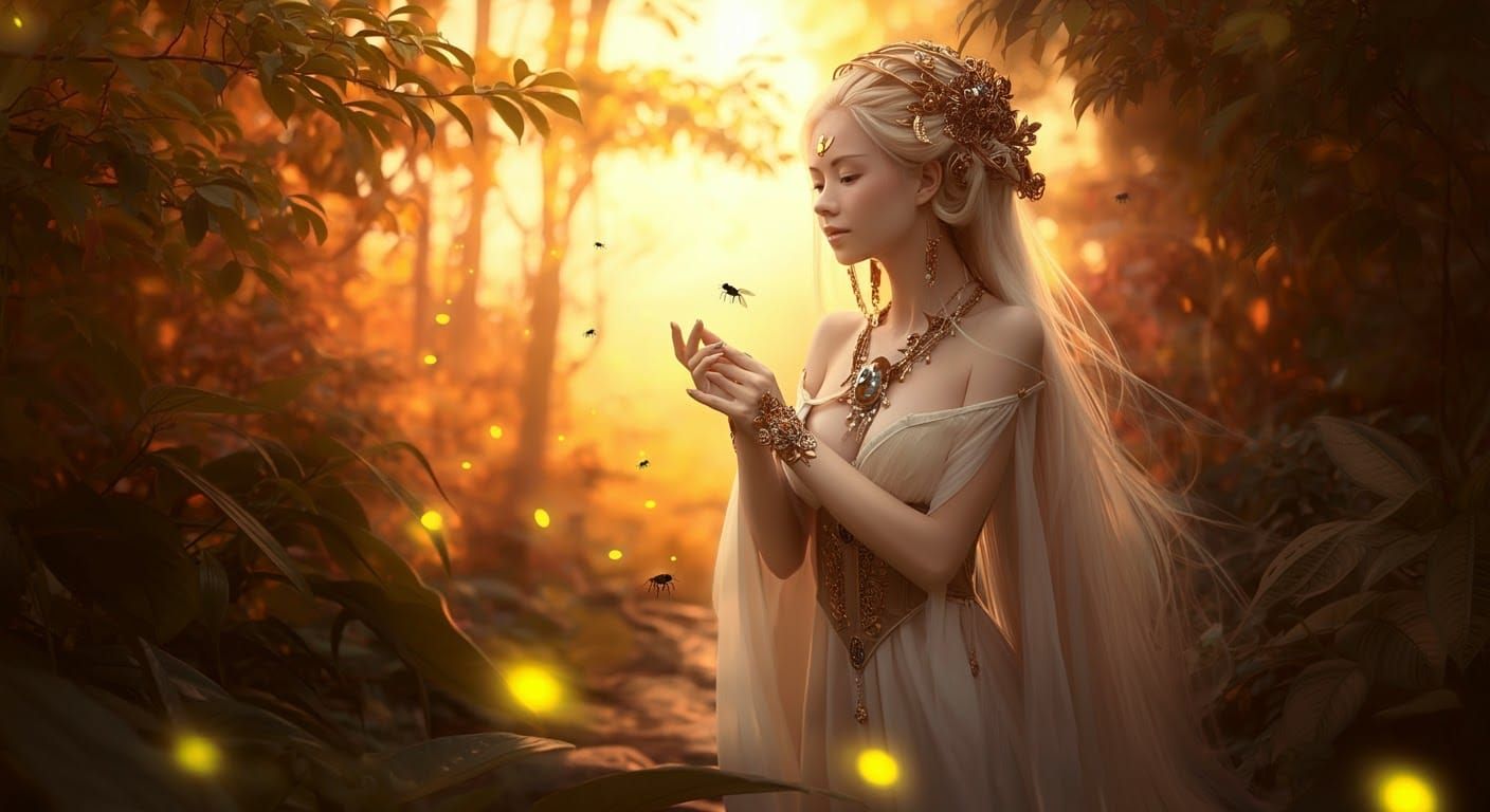 Ethereal Woman in Mystical Forest at Golden Hour