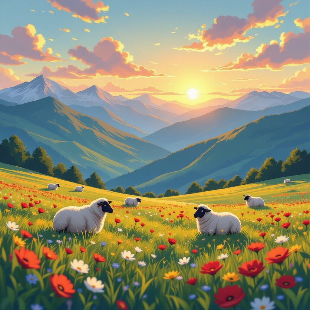 Anime Mountains with Flowers, Sunrise, and Sheep