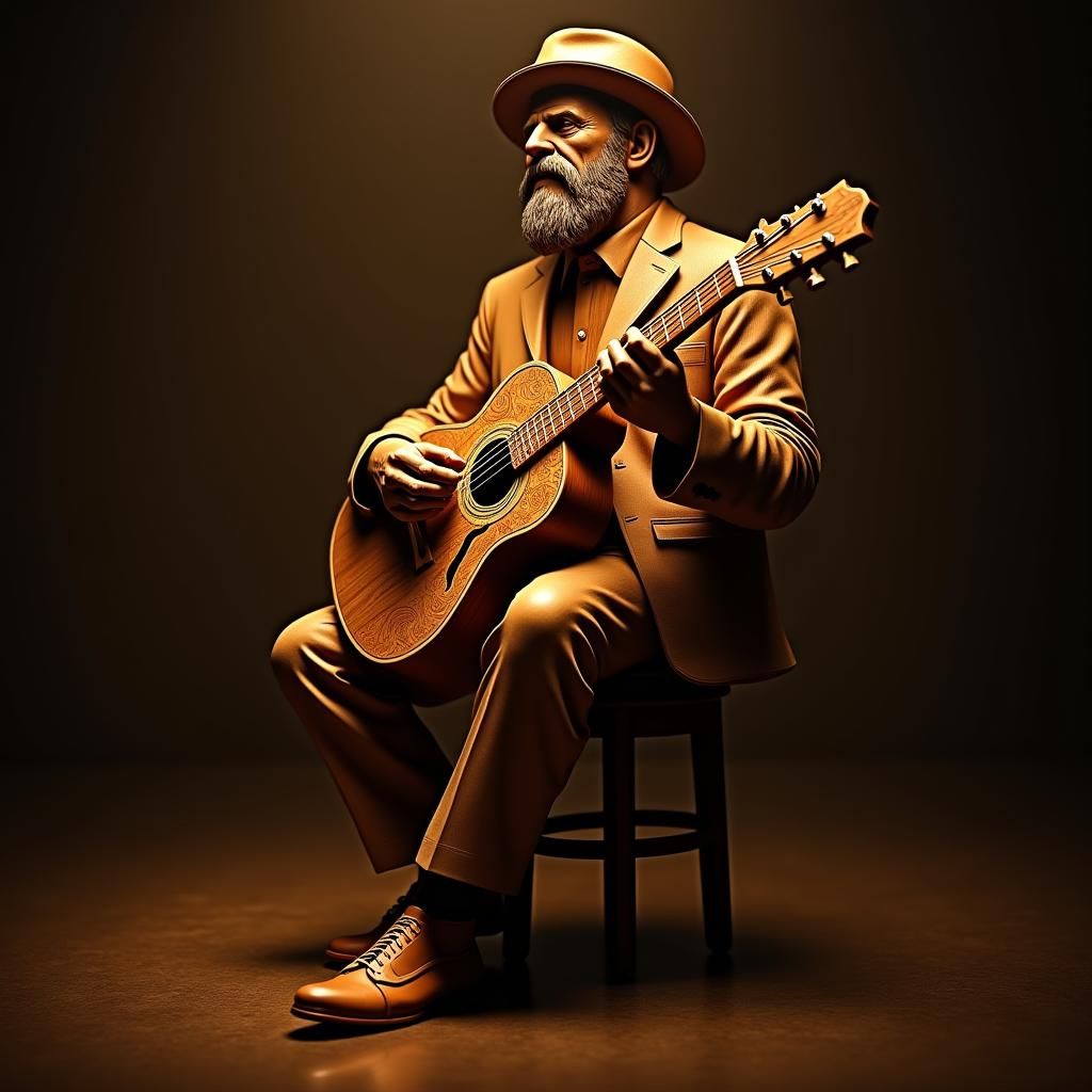 Hand-Carved Wooden Sculpture of a Blues Musician