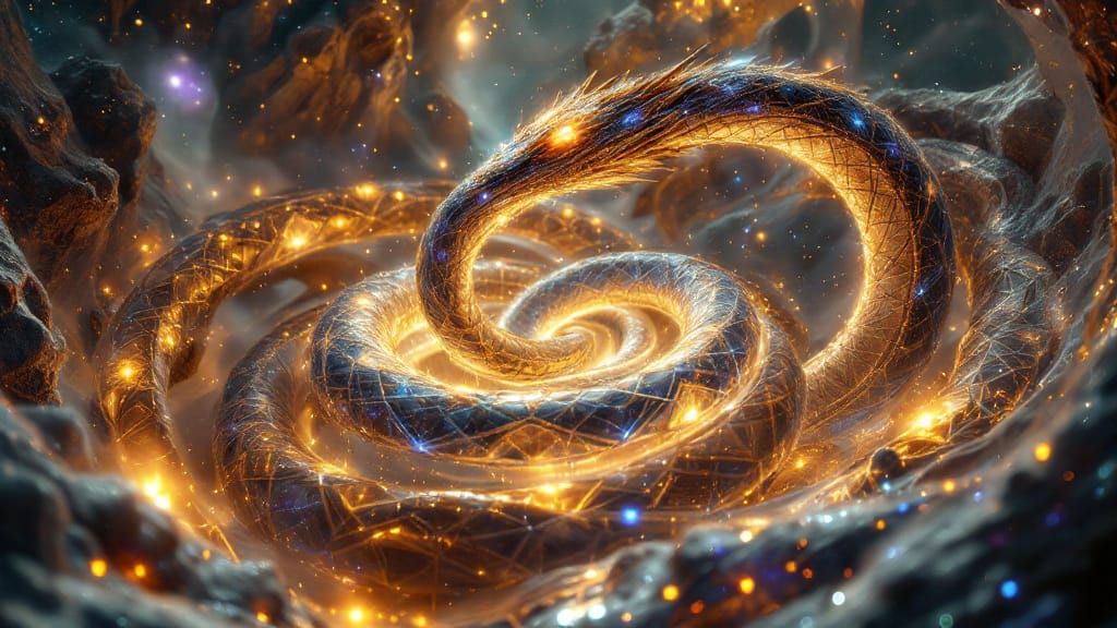 Luminous Serpent Coils Around Golden Cathedral