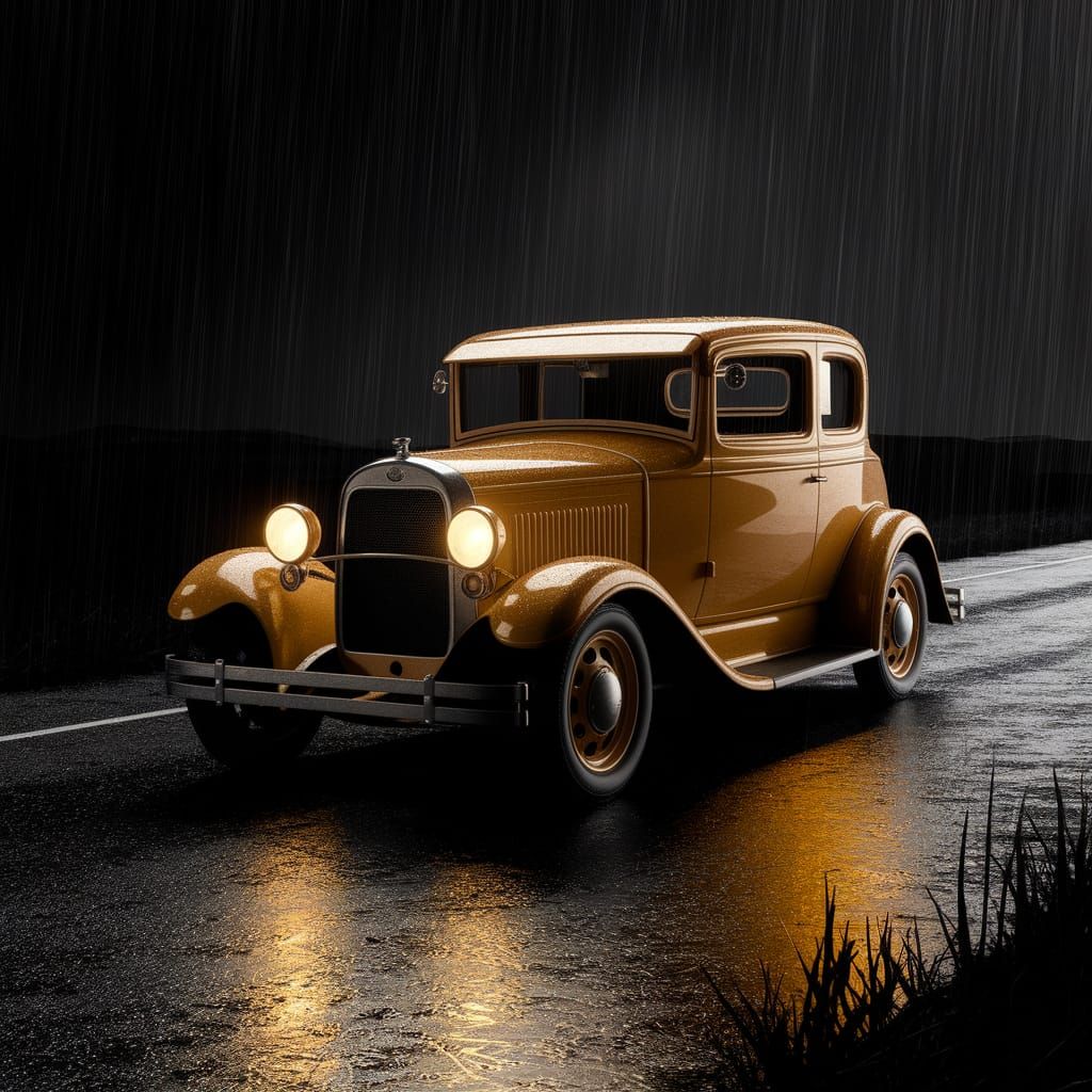 Noir Scene: Vintage Car in Rainy City