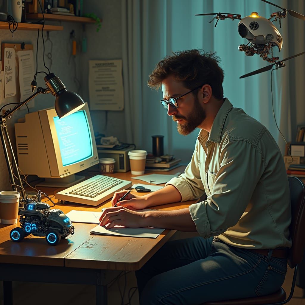 Researcher Coding with Robot and Drone in Industrial Future