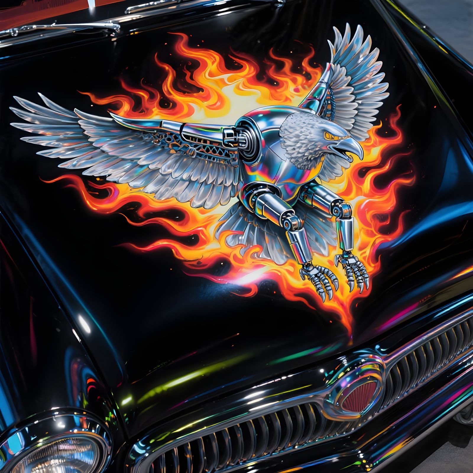 Chrome Robot Eagle Airbrush Art on Car Hood