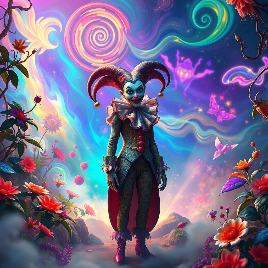 Whimsical Jester in Vibrant Rave Scene