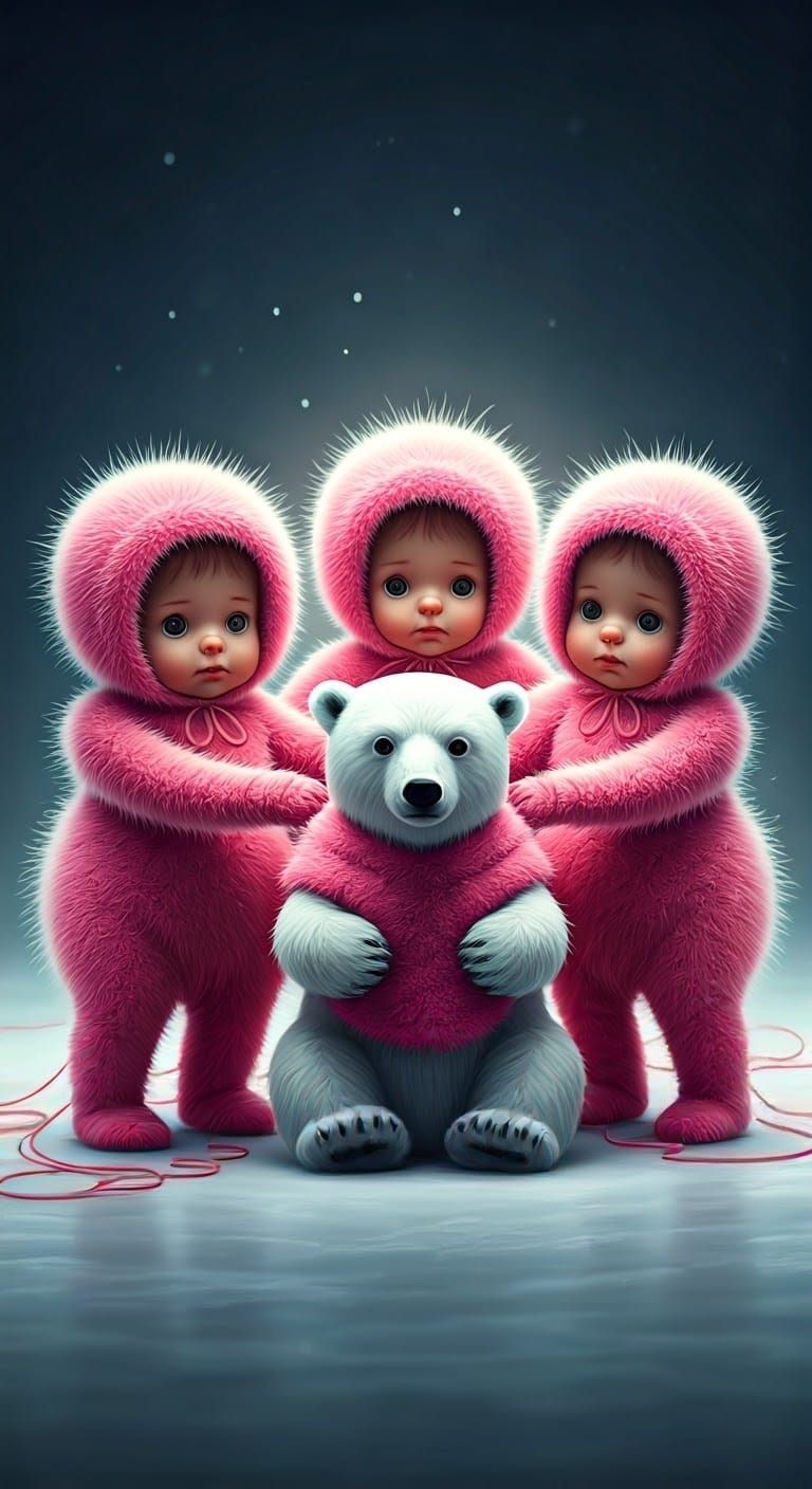 Woolen Dolls Saving a Polar Bear with Pink Fluff