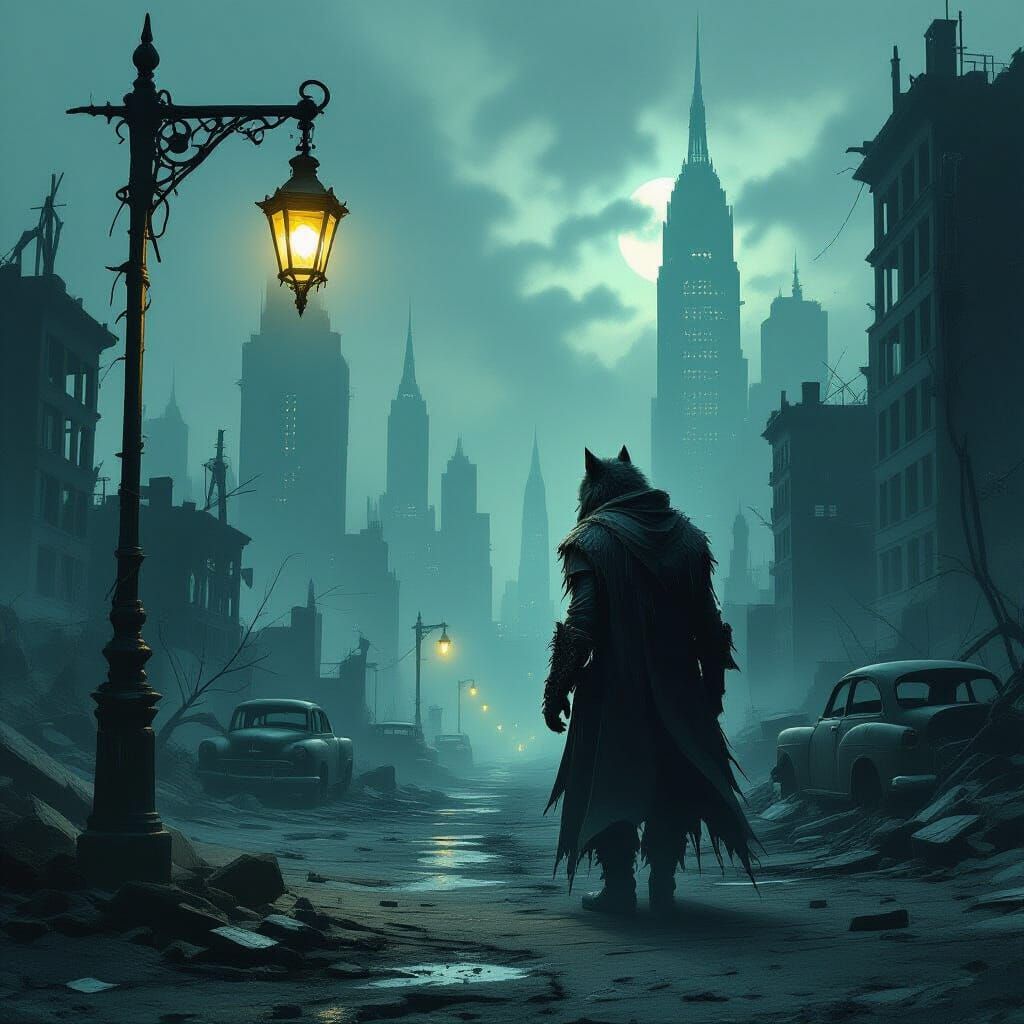 Werewolf in Post-Apocalyptic Cityscape with Oil Lantern