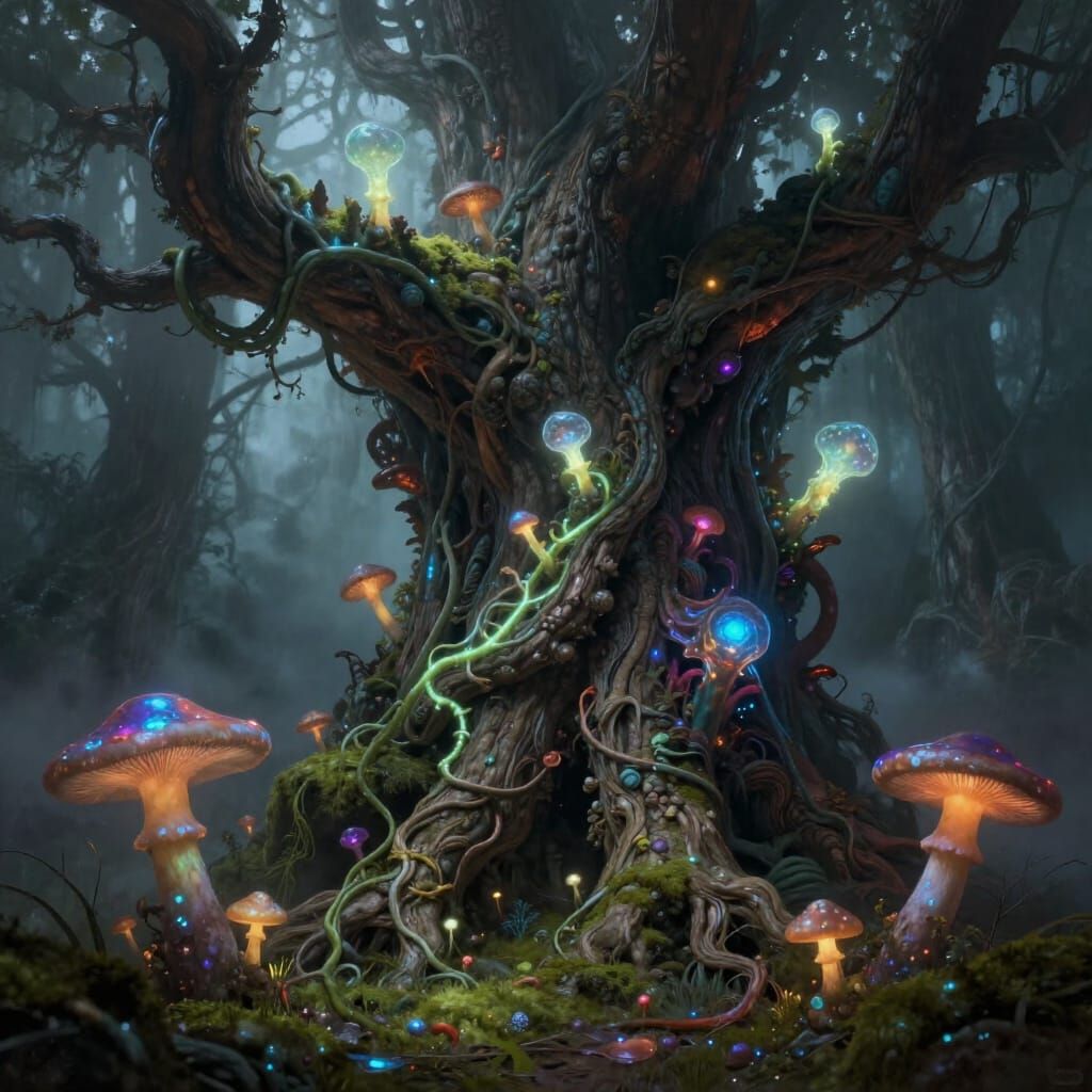 Ethereal Alien Flora on Ancient Tree Trunk