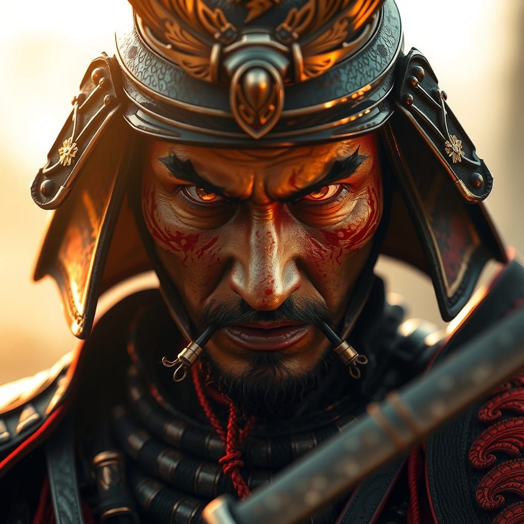 Samurai Warrior's Intense Gaze in Hyper-Realistic Portrait