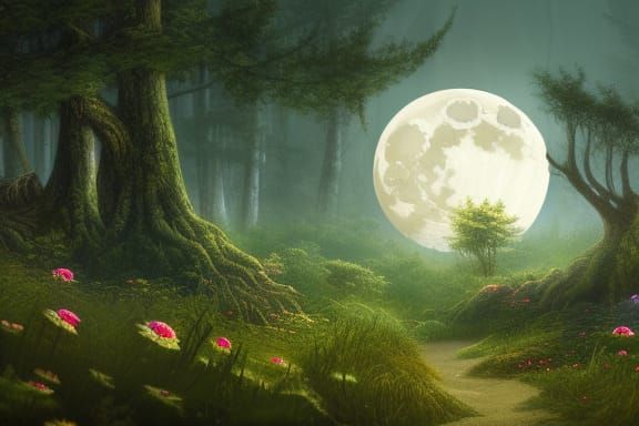 Moonlit Forest: Detailed Matte Painting in Fantasy Style