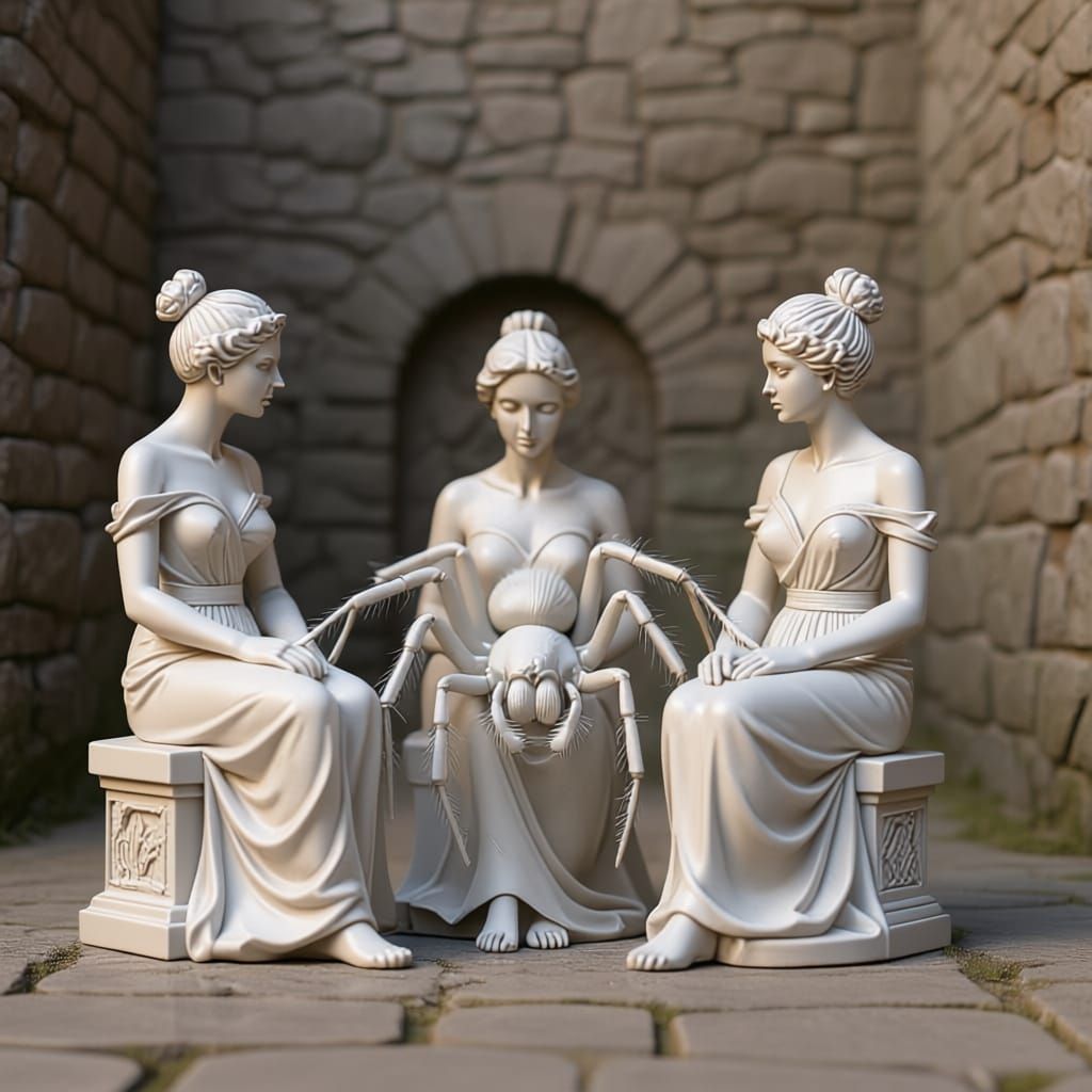 White Black Widow Spider Hiding Among Ancient Statues with M...