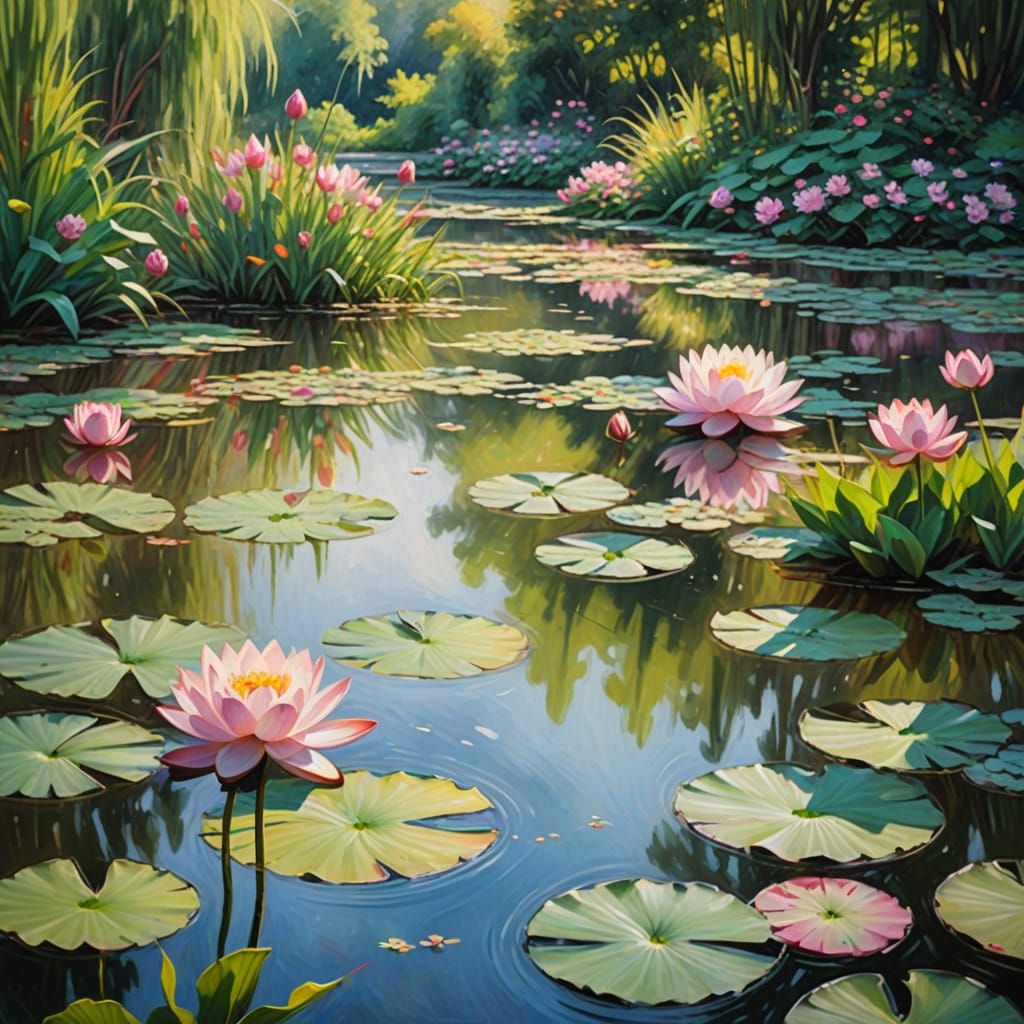 Soft Focus Impressionist Garden Scene with Blooming Lotus