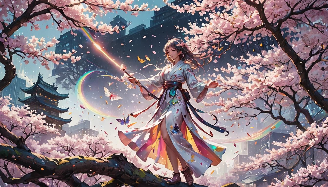 Rainbow Cherry Blossoms in Anime Street Art Style